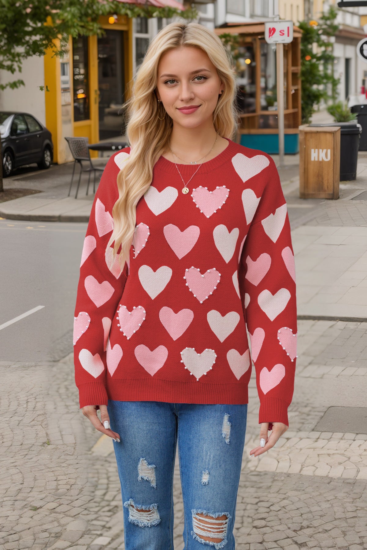 Wholesale Valentine's Day Round Neck Handmade Beaded Peach Heart Pullover Sweater